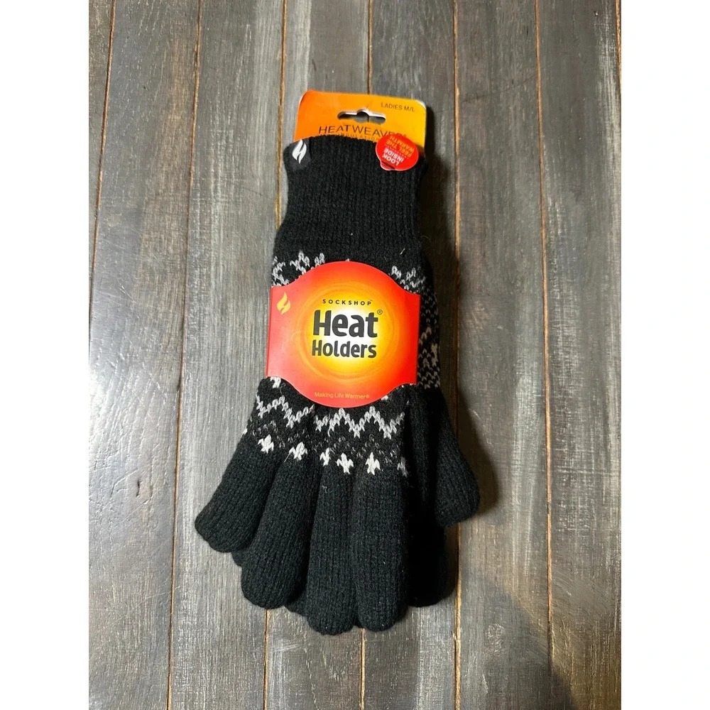 Heat Holders Womens Thermal Gloves Black Nordic Snowflake Fair Isle Knit M/L NEW